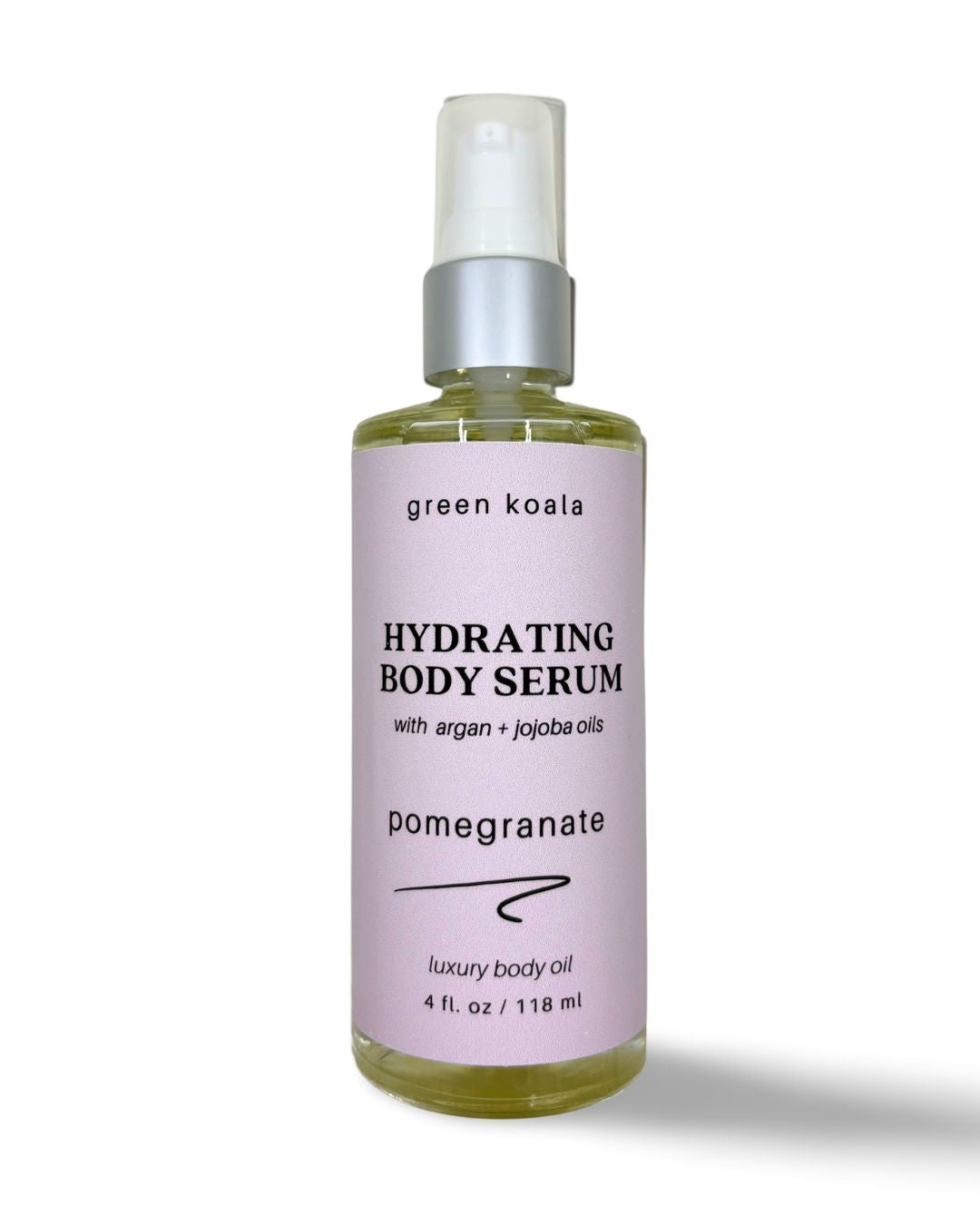 A 4oz glass bottle with treatment pump of organic pomegranate hydrating body serum for dry skin.