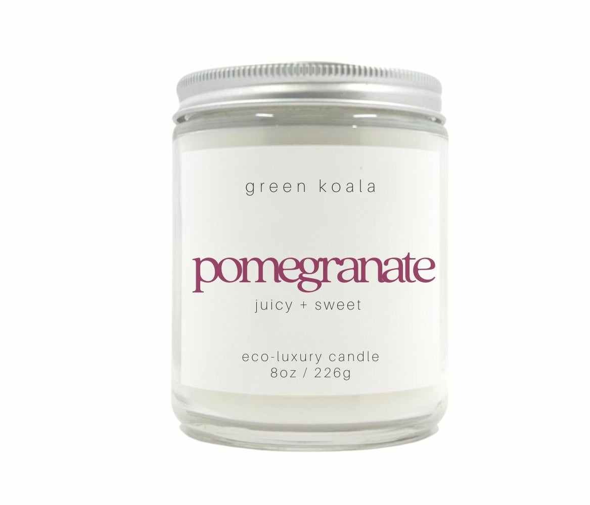 8oz Pomegranate scented eco-friendly candle. Non-toxic and cleaning burning. 