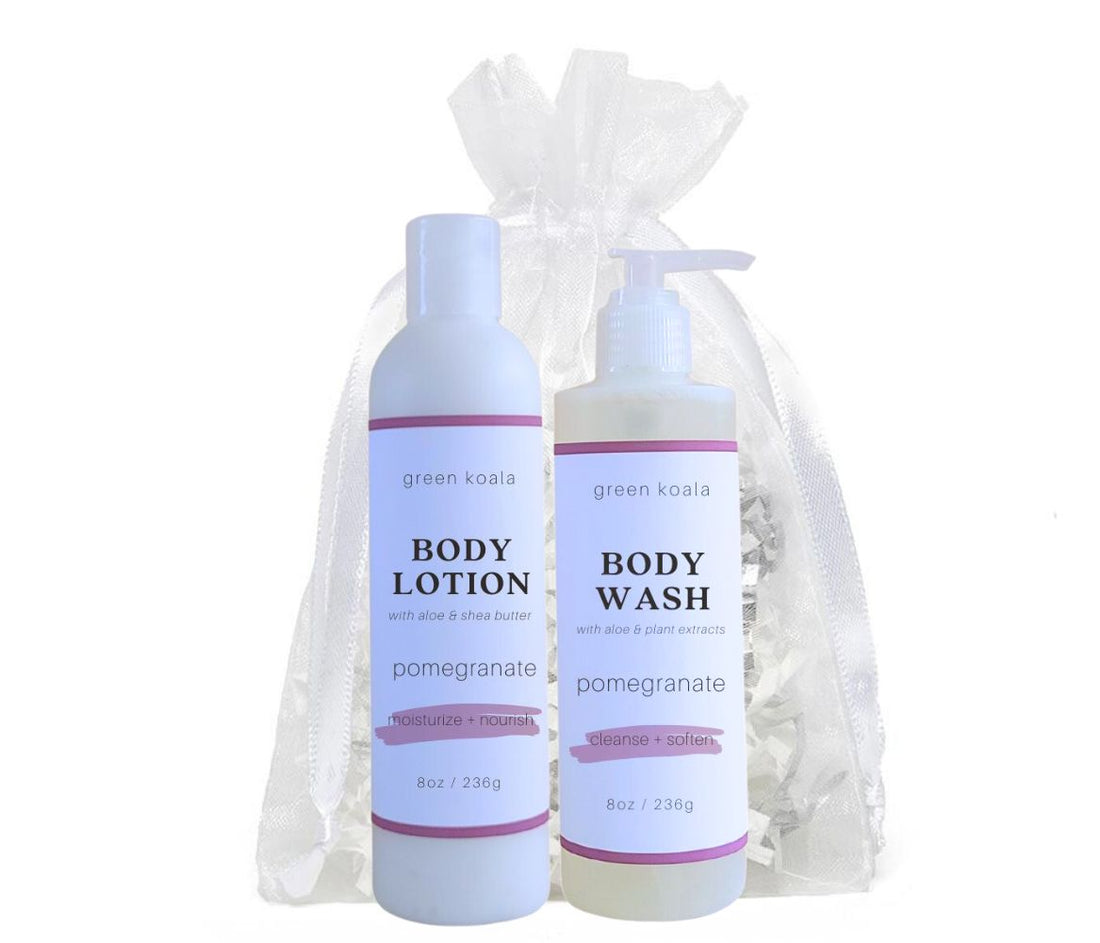 Organic Pomegranate Body Wash &amp; Lotion Gift Set with white organza bag