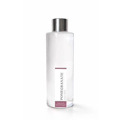 Clear bottle with silver cap labeled Pomegranate on a white background