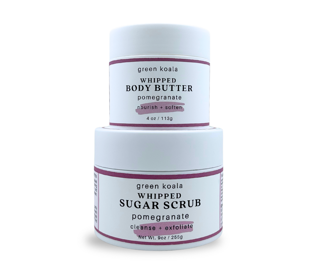 Gift Set Green Koala whipped body butter and sugar scrub on a white background