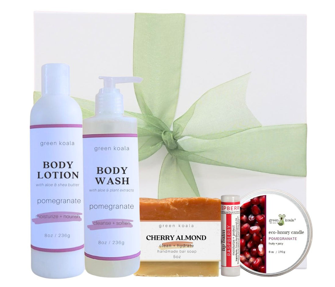 Pomegranate Perfect Occasion Gift set includes lotion, body wash, lip balm, cherry almond bar soap, and pomegranate 6oz tin candle.