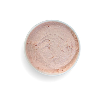 Top-down view of 9oz Pomegranate Sugar Body Scrub jar, showcasing whipped texture and sweet aroma, cleanses, exfoliates, and deeply hydrates skin.