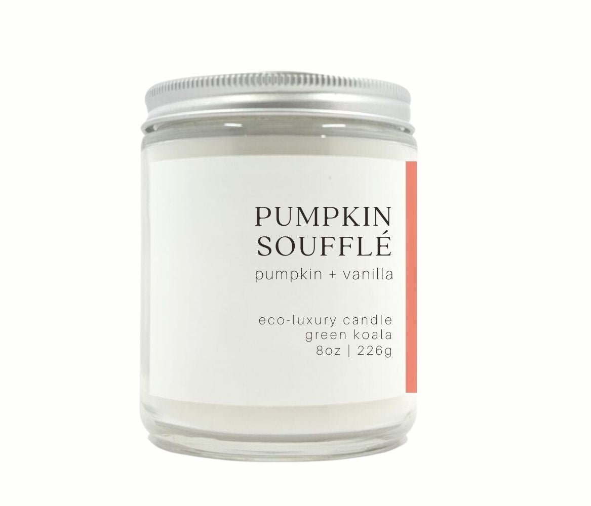 8oz Pumpkin Souffle Candle made with coconut wax. in a glass jar with silver lid. 