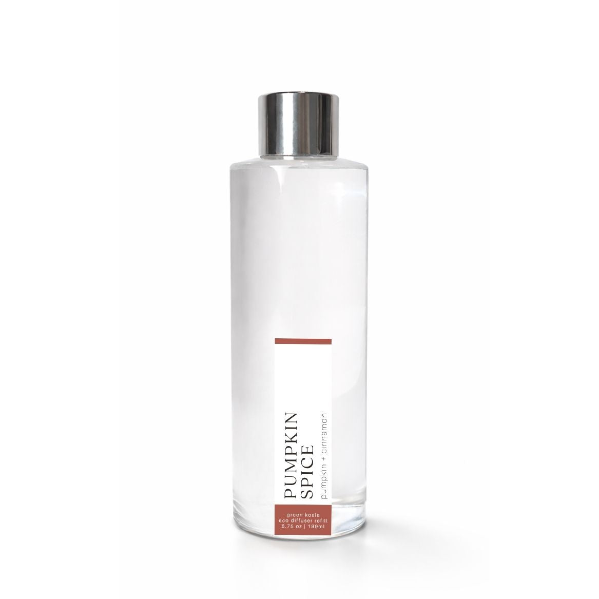 Clear bottle with silver cap labeled Pumpkin Spice on a white background