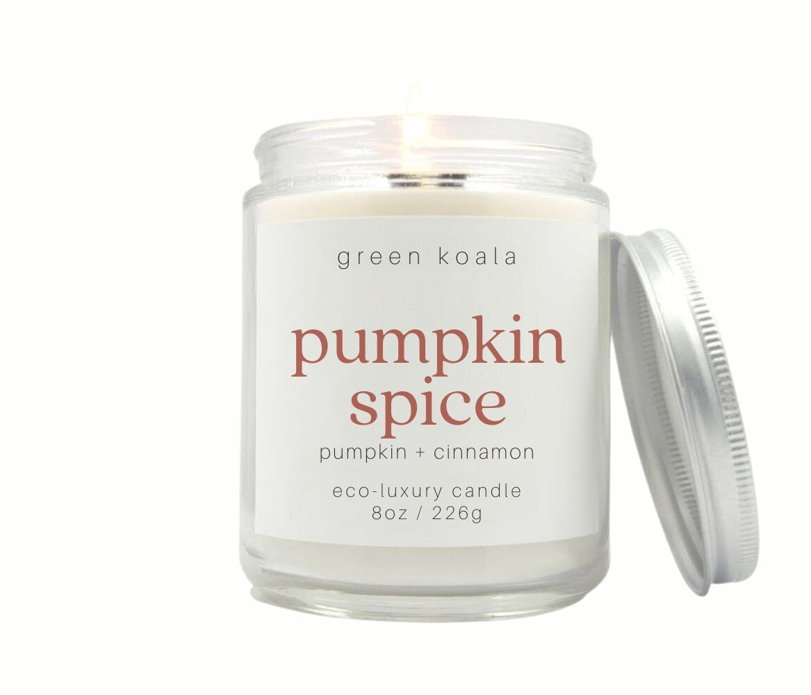 8oz Pumpkin Spice scented eco-friendly candle with silver lid. Non-toxic and cleaning burning. 