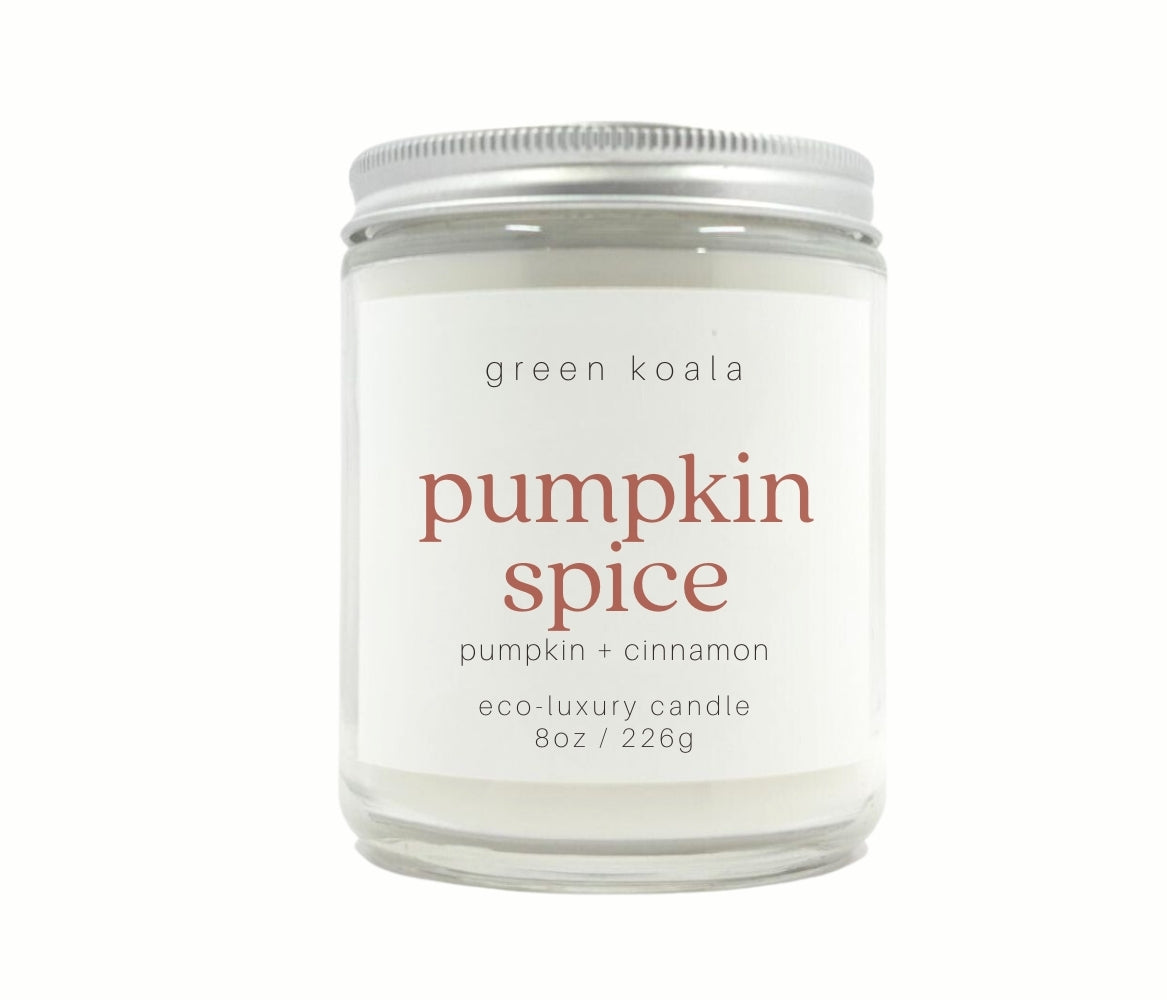 8oz Pumpkin Spice scented eco-friendly candle with silver lid. Non-toxic and cleaning burning. 