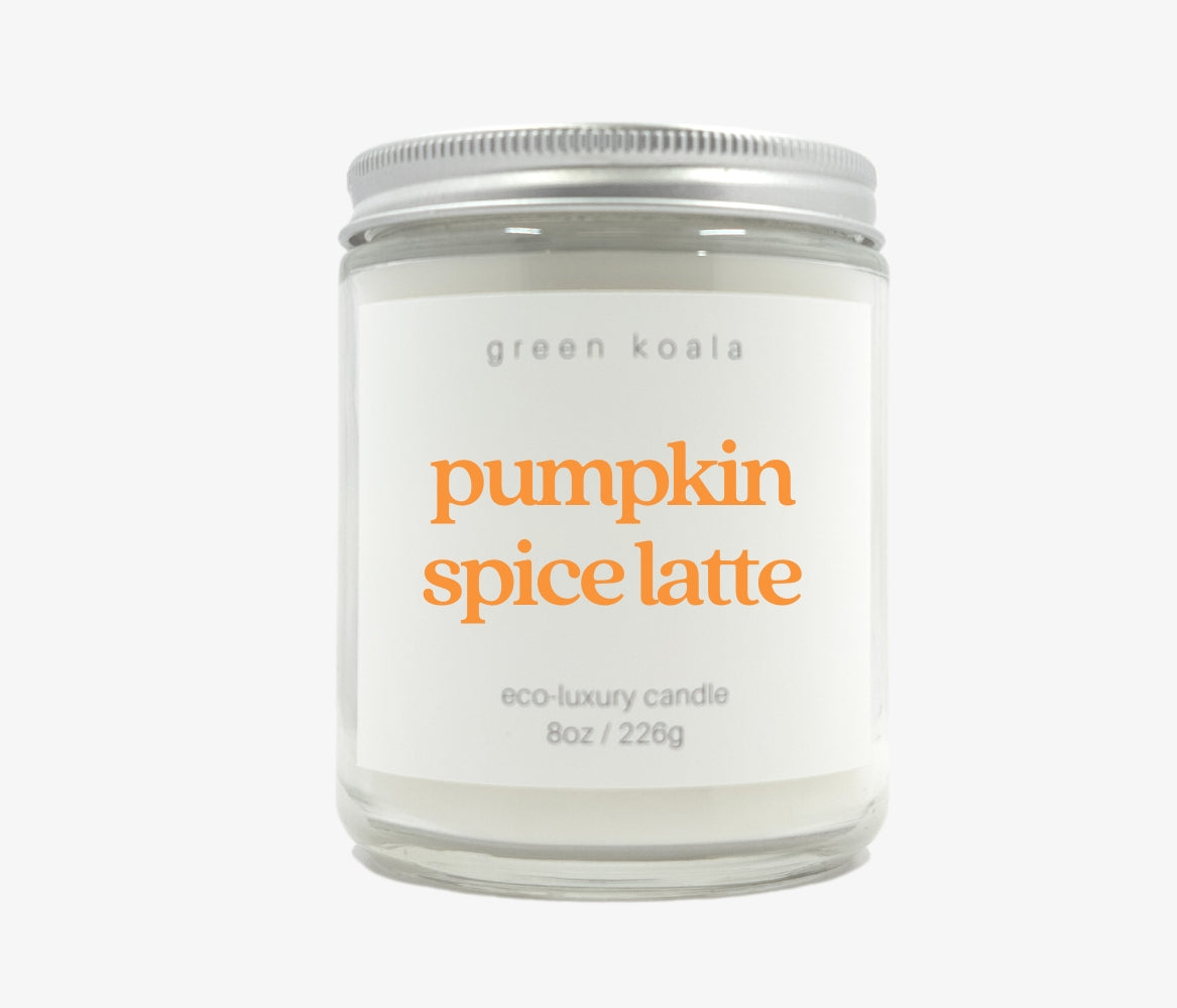 Green Koala Pumpkin Spice Latte 8 oz. candle with lid on