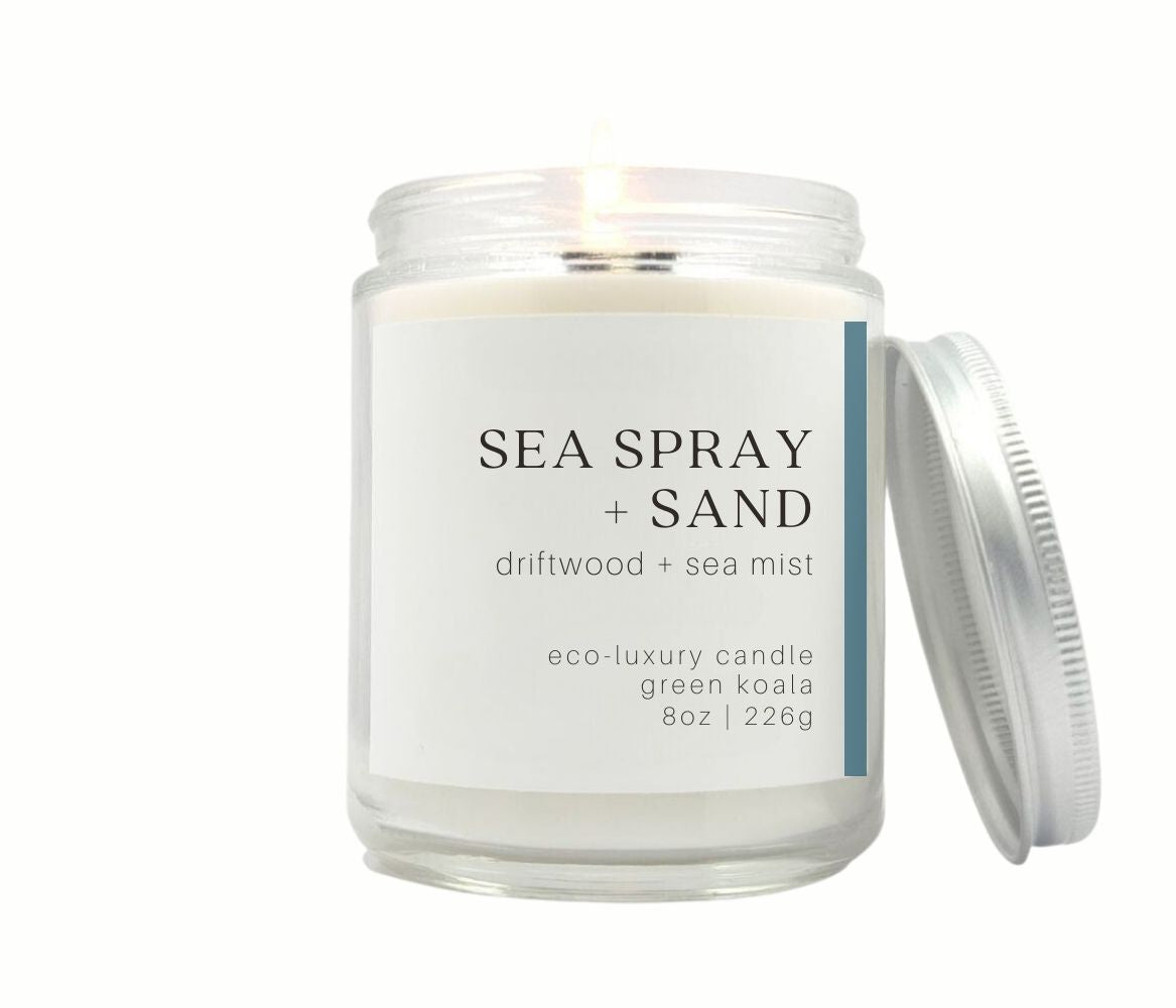 8oz Green Koala Organic Sea &amp; Sand Eco-Luxury Candle Glass Jar With Silver Lid