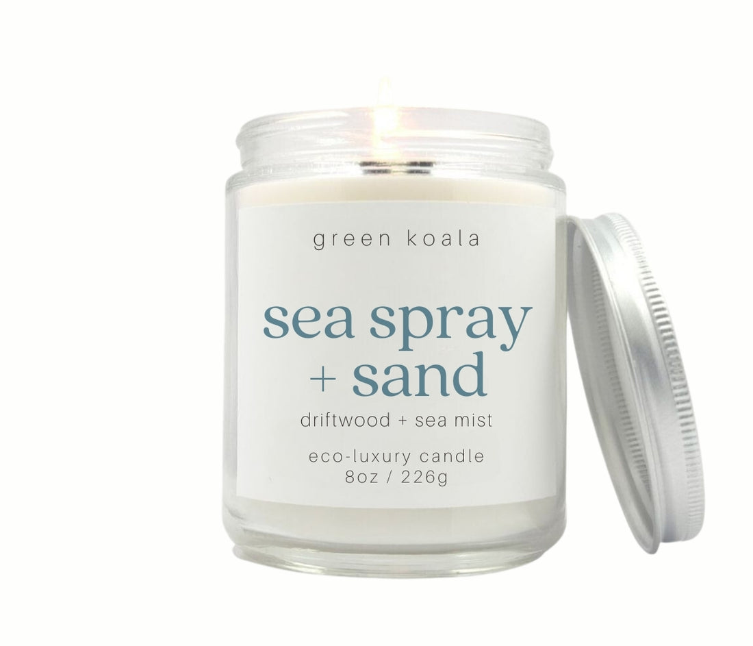 8oz Green Koala Organic Sea Spray & Sand Eco-friendly Candle Glass Jar With Silver Lid for a clean burn.