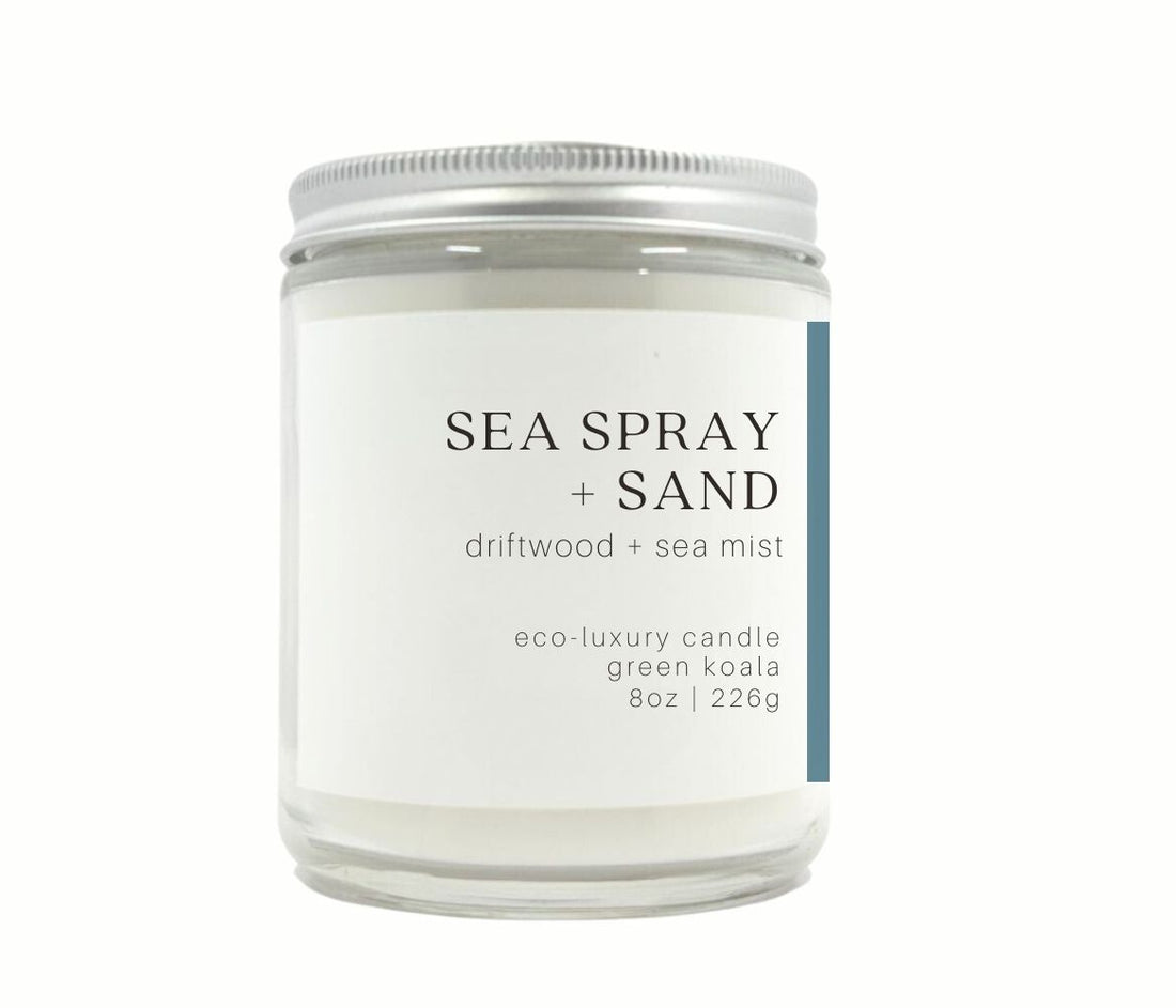 8oz Green Koala Organic Sea Spray &amp; Sand Eco-Luxury Candle Glass Jar With Silver Lid for a clean burn. 