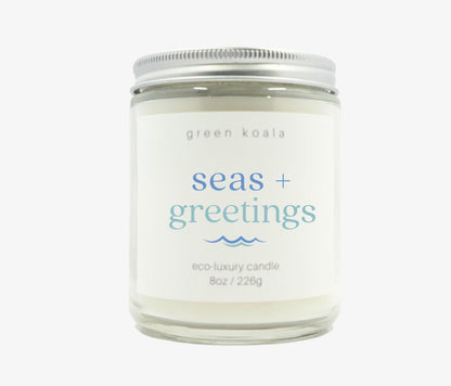 8oz Seas + Greetings Eco-Luxury Candle in an ocean scent in glass jar with cap. Better than soy! Made with coconut wax. 