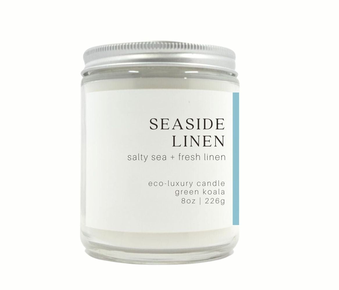 8oz Green Koala Organic Seaside Linen Eco-Luxury Candle Glass Jar With Lid. 