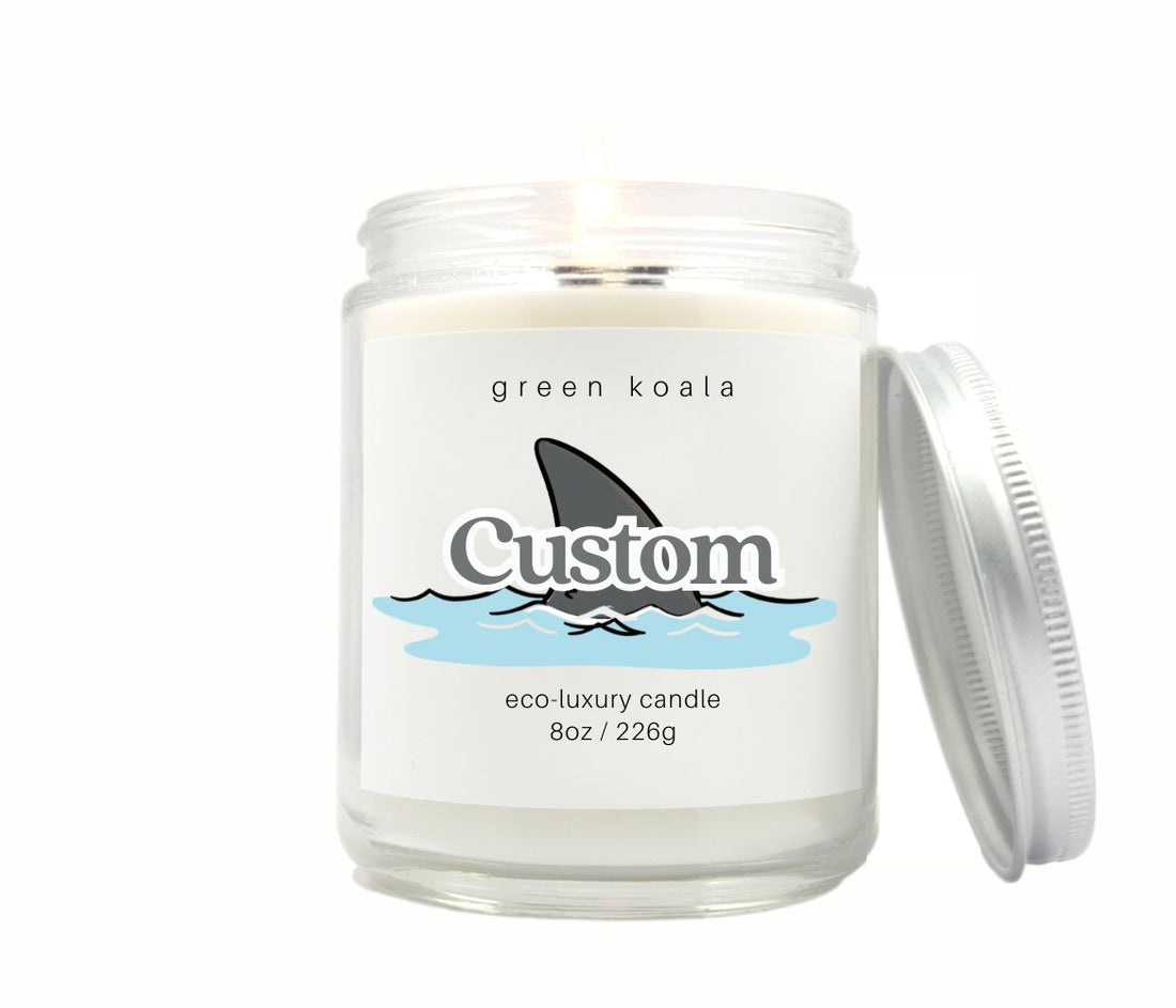 8oZ Candle shark label design that can be customized.