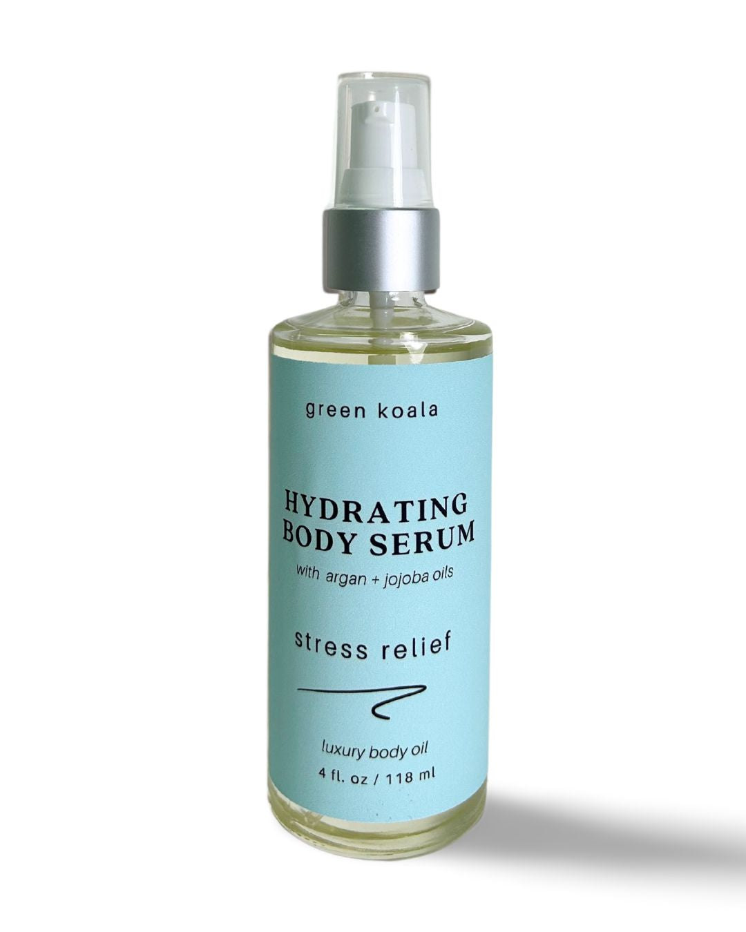 A 4oz glass bottle with treatment pump of organic hydrating body serum for dry skin in stress relief scent.