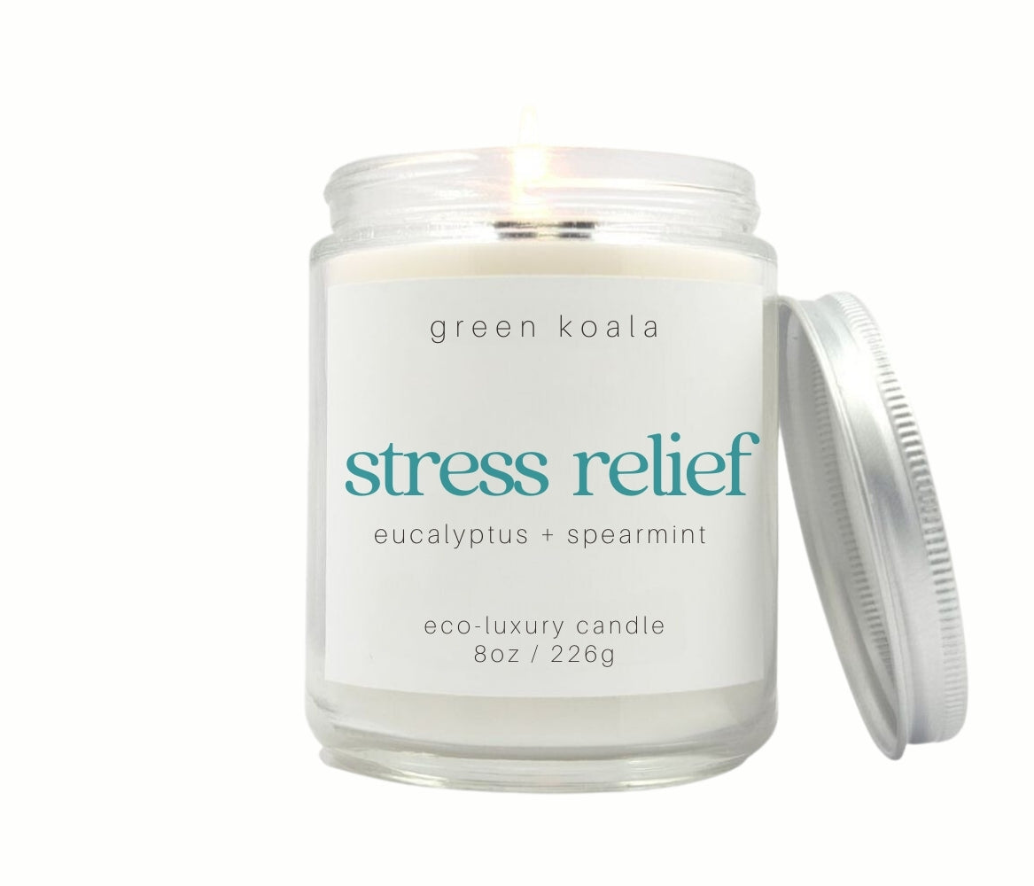 8oz Stress Relief eco-friendly candle in a glass Jar with silver lid for a clean burn. 