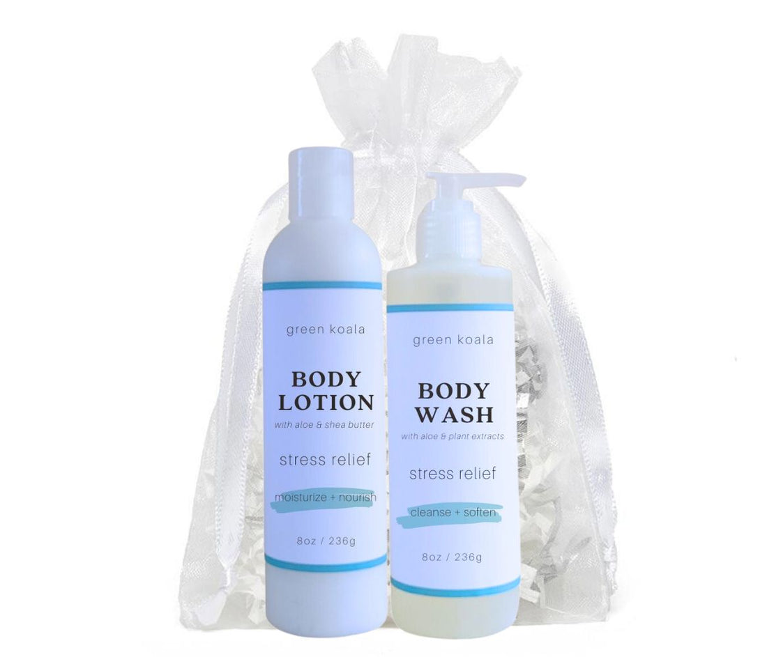 Organic Stress Relief Body Wash &amp; Lotion Gift Set with white organza bag