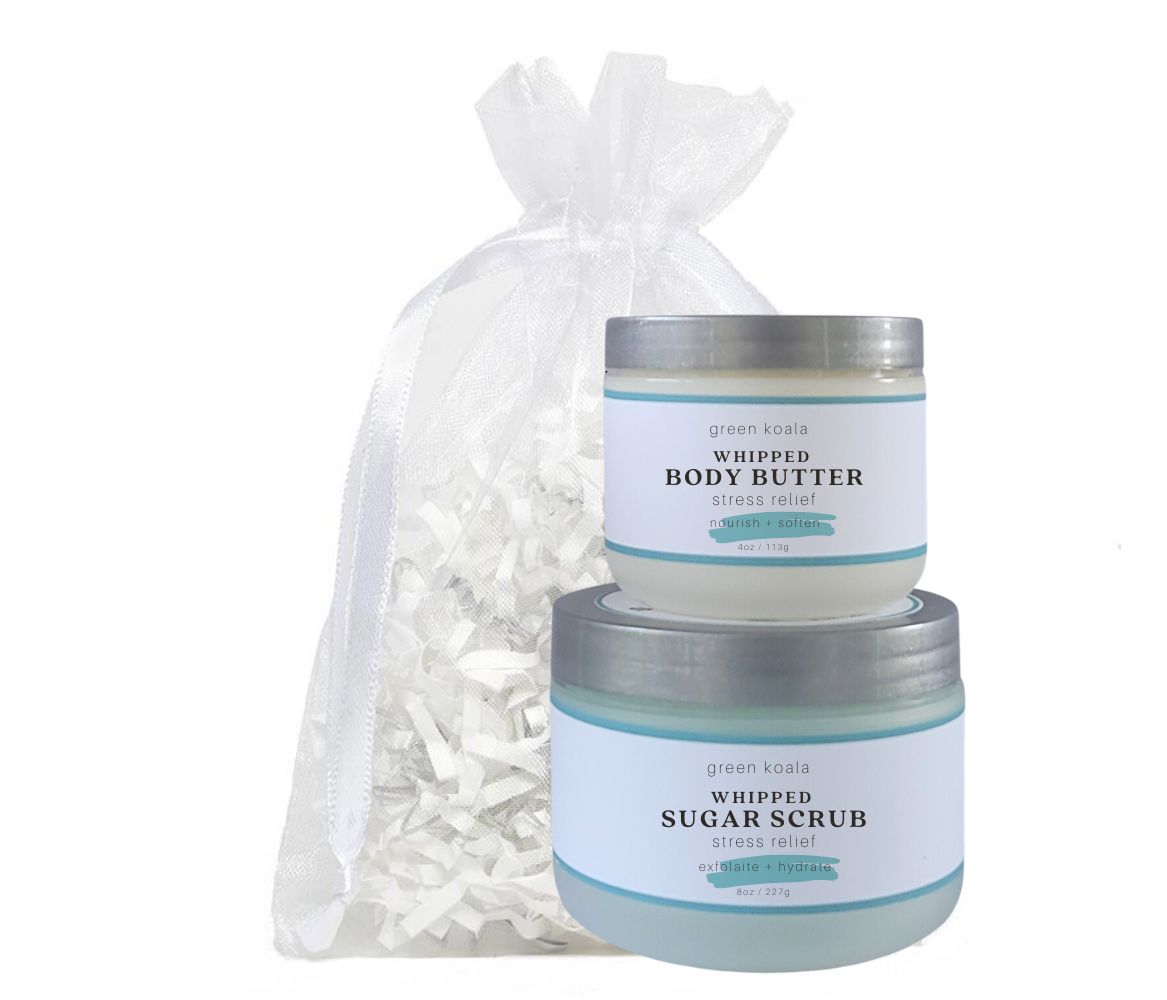 Organic Stress Relief Body Butter &amp; Scrub gift set packaged in a white organiza bag
