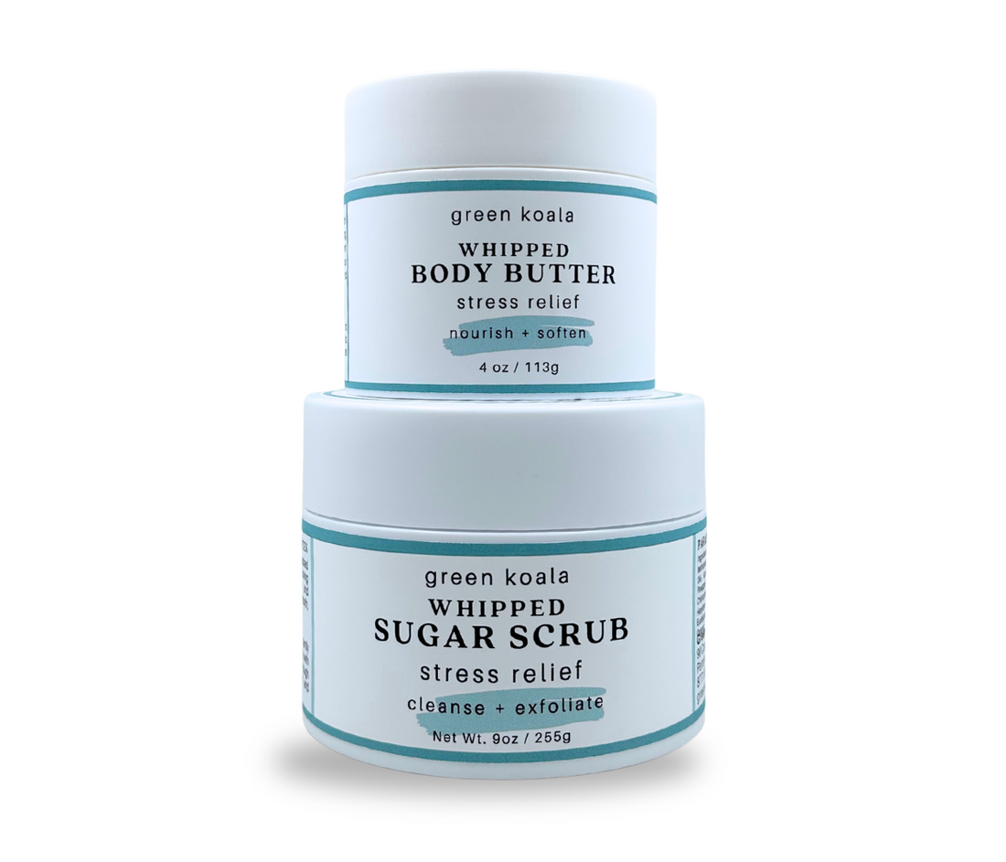 Gift Set of Green Koala stress relief whipped body butter and sugar scrub on a white background