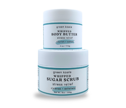 Gift Set of Green Koala stress relief whipped body butter and sugar scrub on a white background