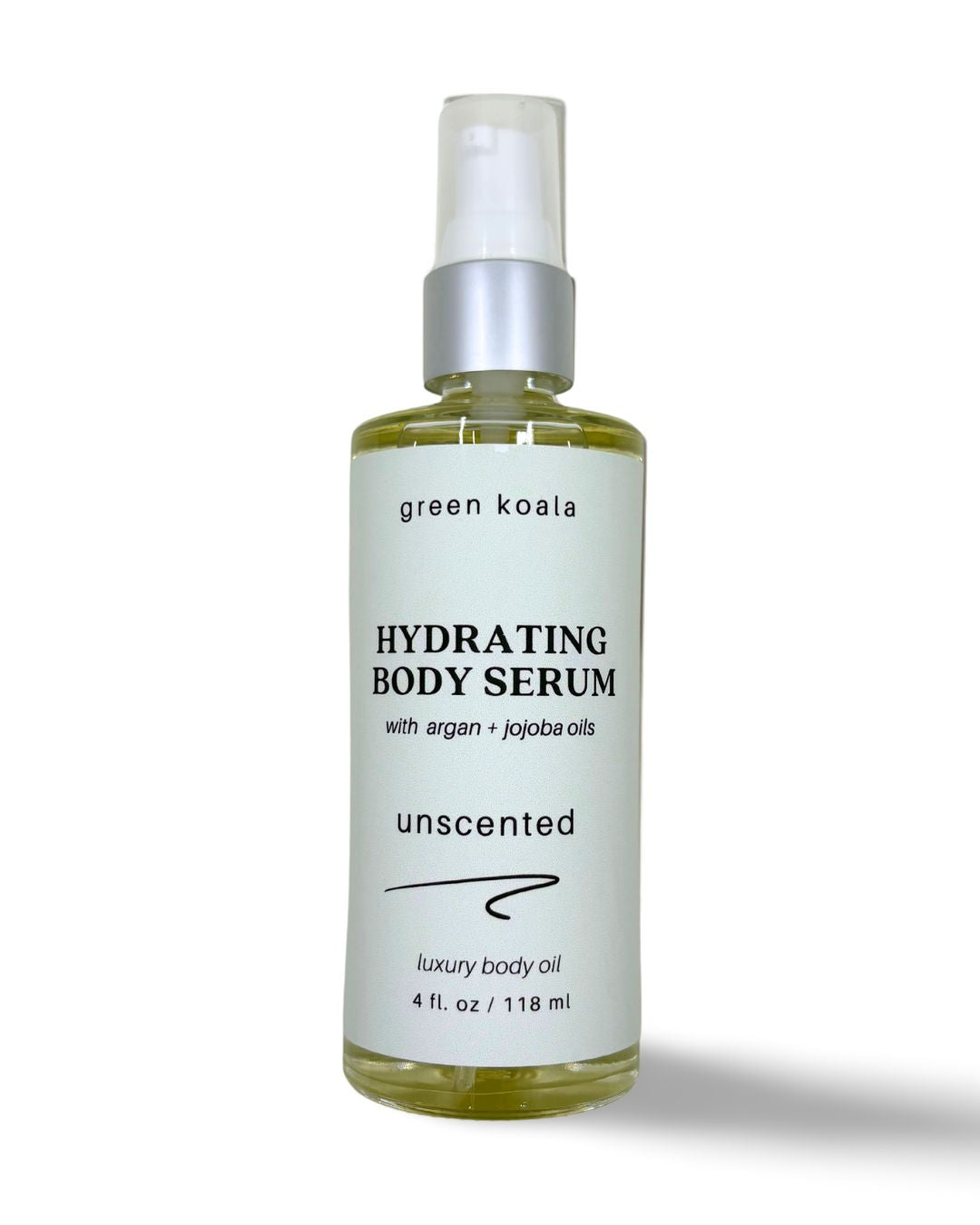 A 4oz glass bottle with treatment pump of organic unscented hydrating body serum for dry skin.