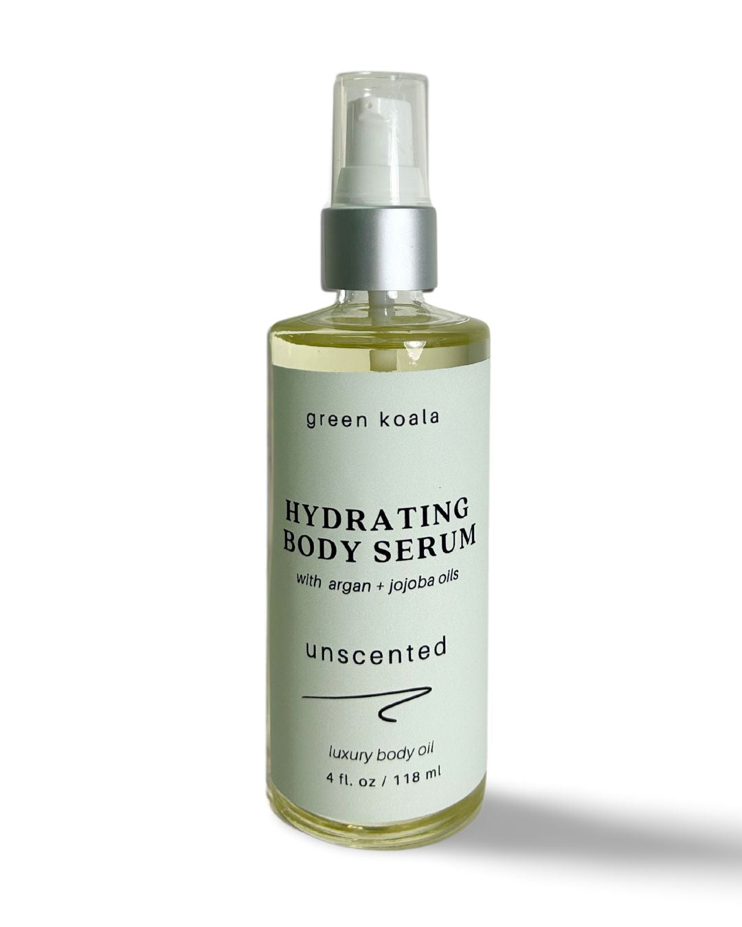 A 4oz glass bottle with treatment pump of organic unscented hydrating body serum for dry skin.