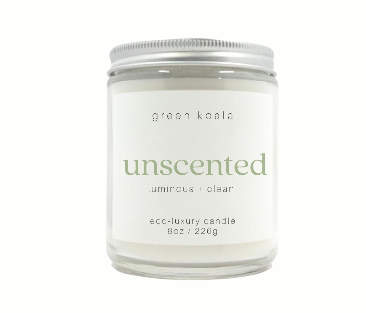 8oz Unscented eco-friendly candle with silver lid for a clean burn. 