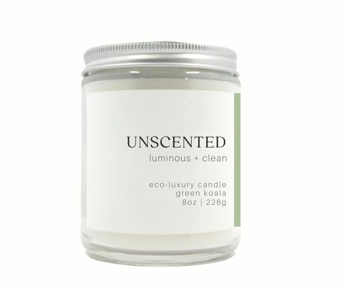 8oz Green Koala zero-waste unscented candle in a glass jar. 