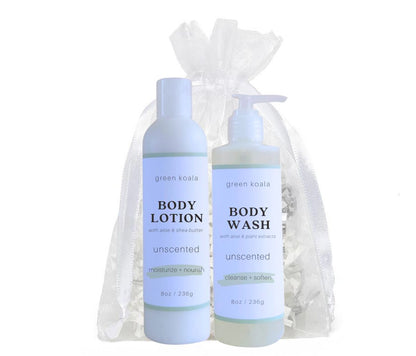 Unscented body lotion and body lotion in an organza bag.