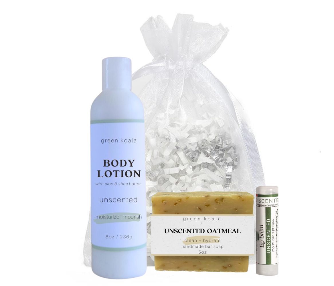 Green Koala Organic Unscented Essentials Gift Set with bar soap, lotion and lip balm