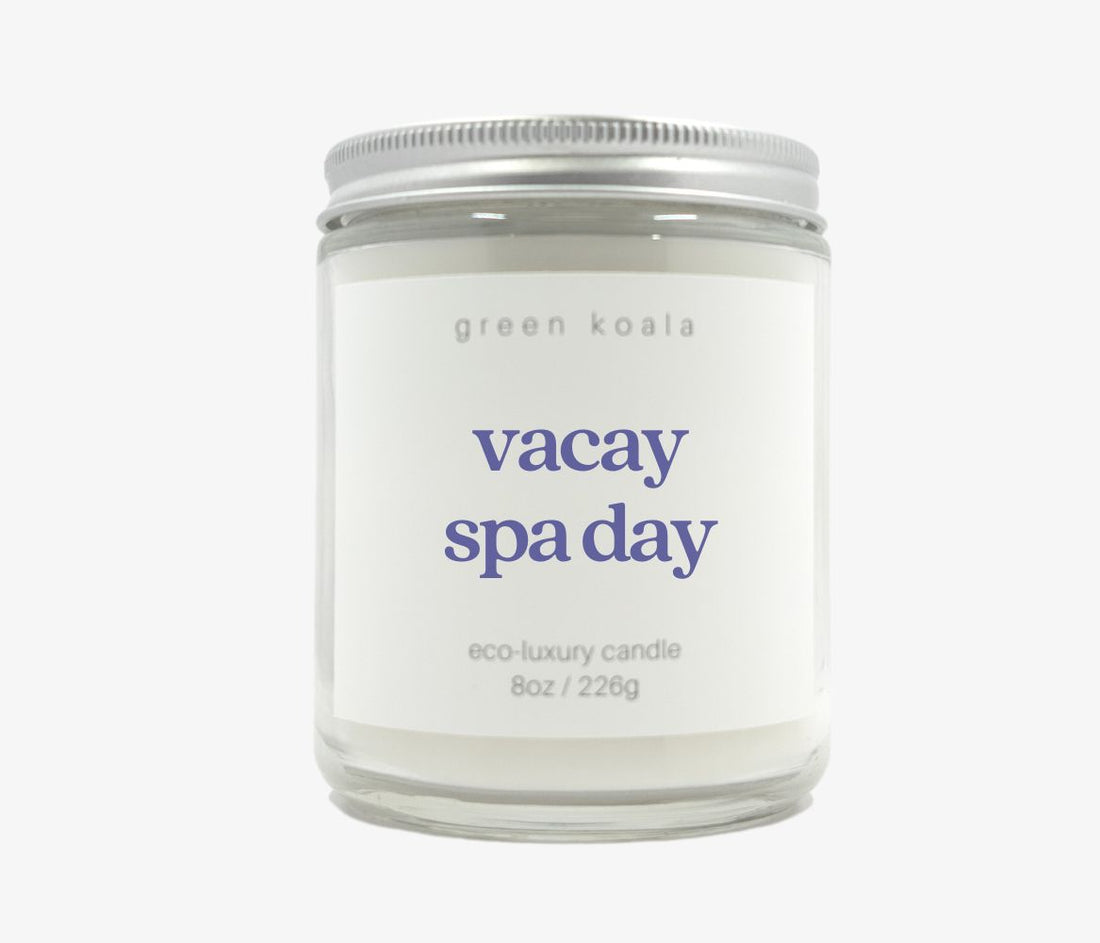 Vacay Spa Day 8oz coconut wax candle scented with eucalyptus and spearmint. 