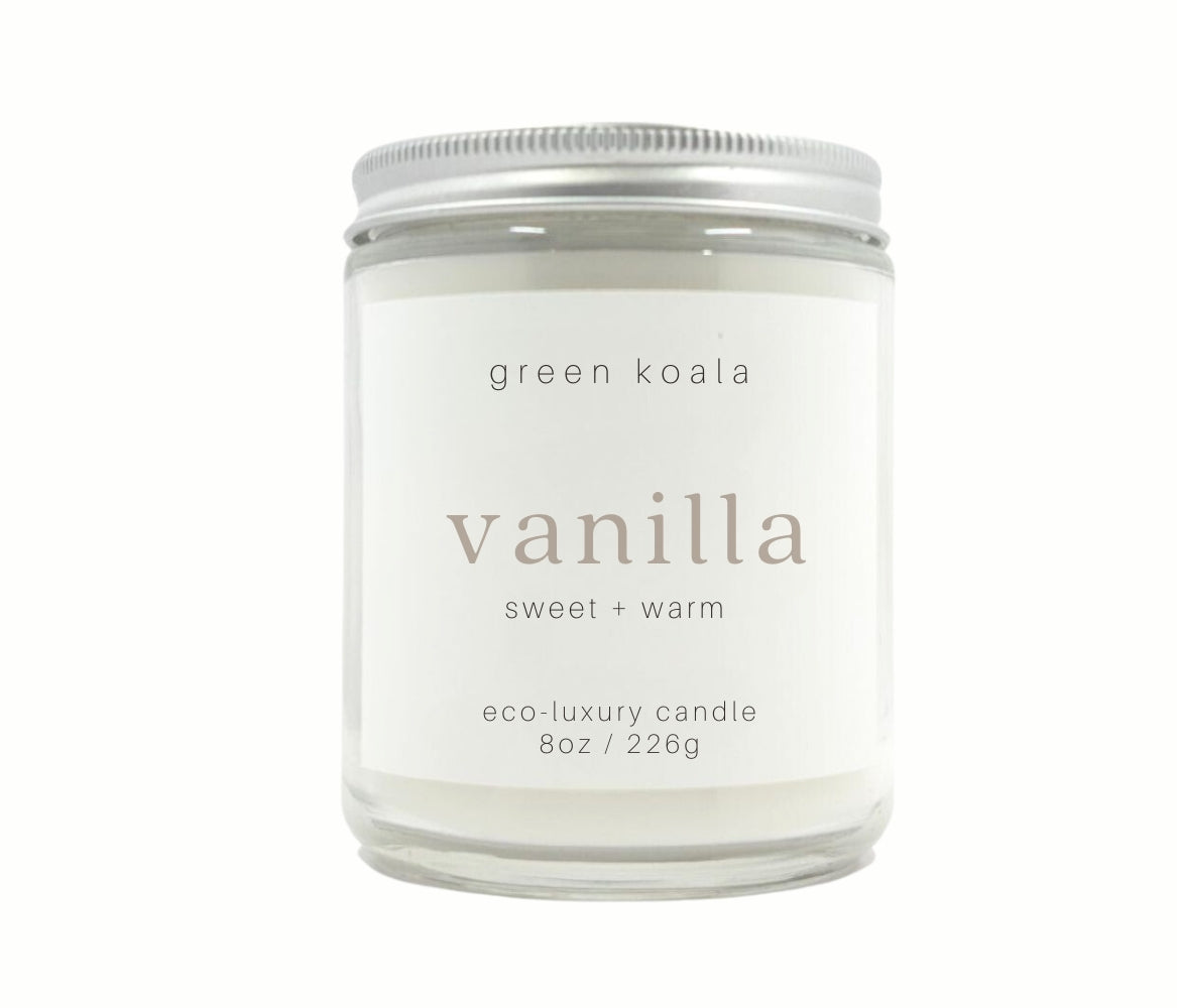 8oz Vanilla scented eco-friendly candle in a glass Jar for a clean burn. 