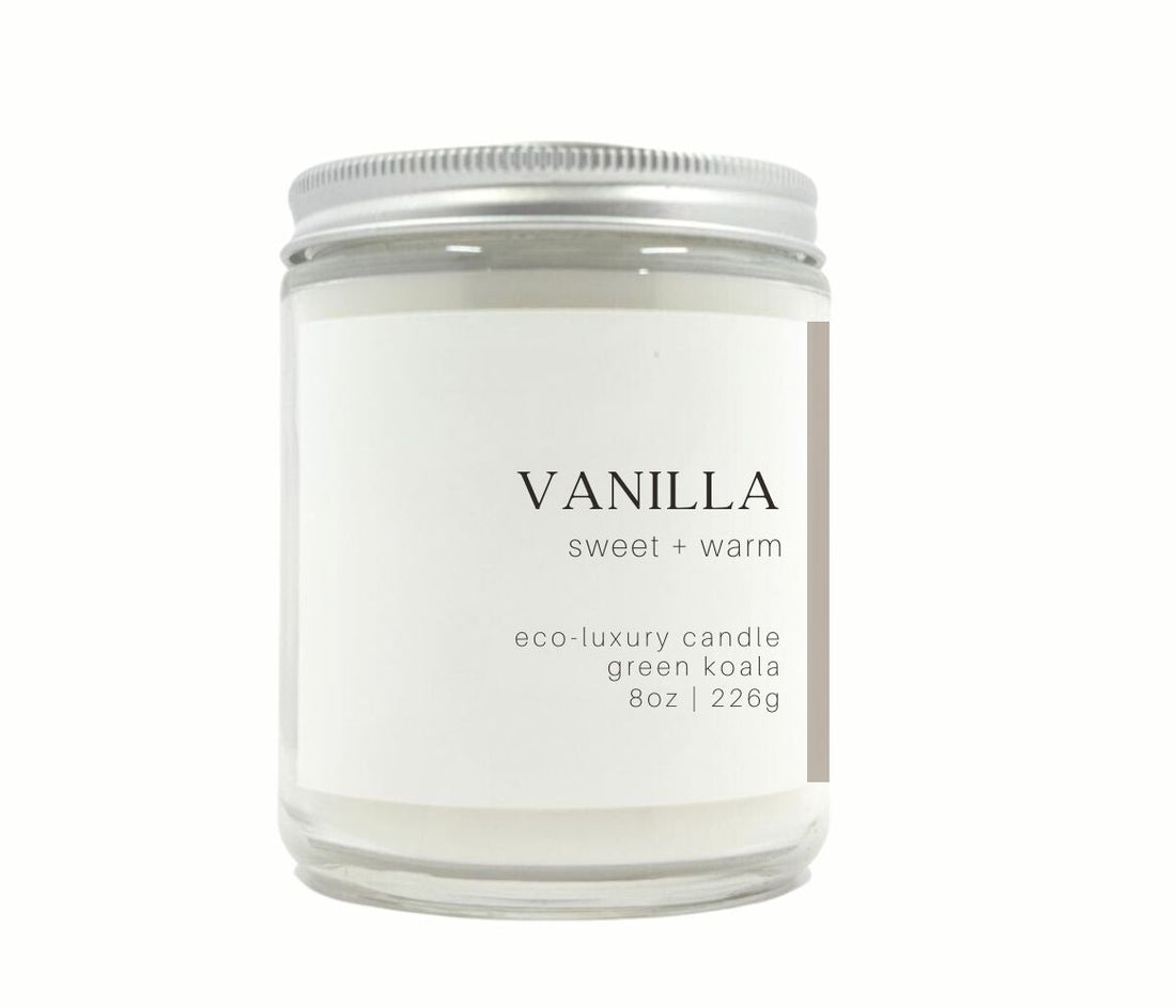 8oz Green Koala Organic Vanilla Eco-luxury Glass Candle With Silver Lid. 