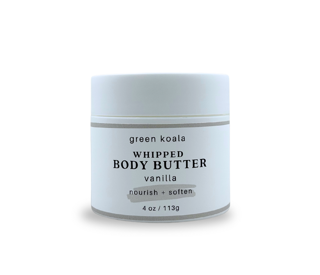 4oz Jar of green koala vanilla whipped body butter on a white background