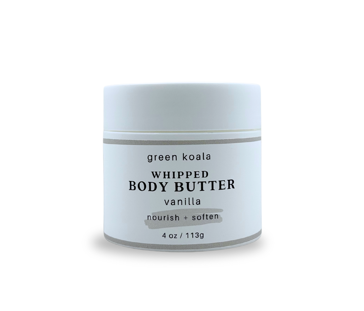 4oz Jar of green koala vanilla whipped body butter on a white background