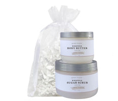 Organic Vanilla Body Butter & Scrub gift set packaged in a white organiza bag