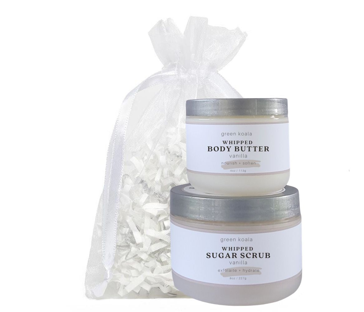 Organic Vanilla Body Butter &amp; Scrub gift set packaged in a white organiza bag