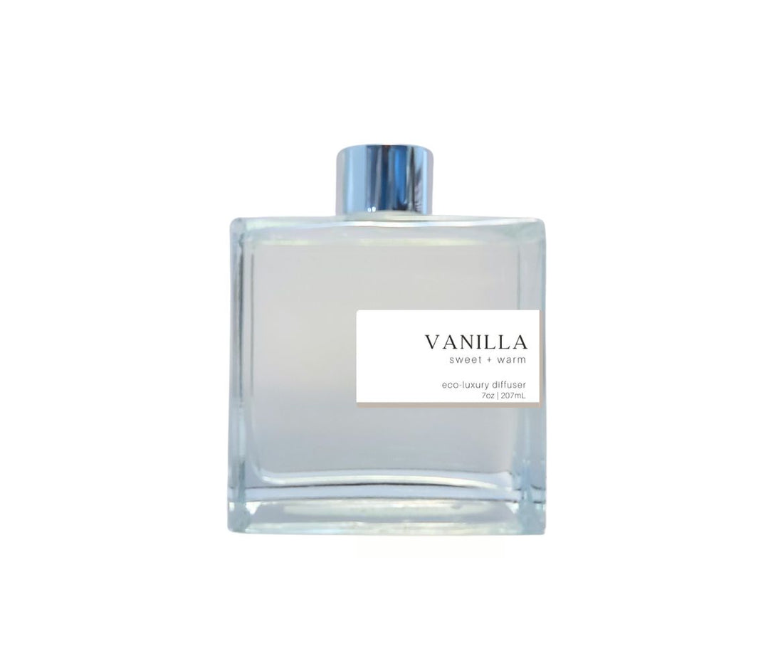 Vanilla 7oz non-toxic scented reed diffuser in glass jar.