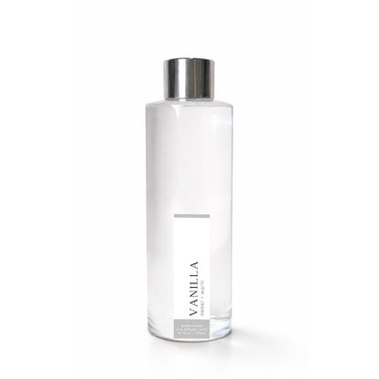 Clear glass bottle with silver cap labeled Vanilla on a white background