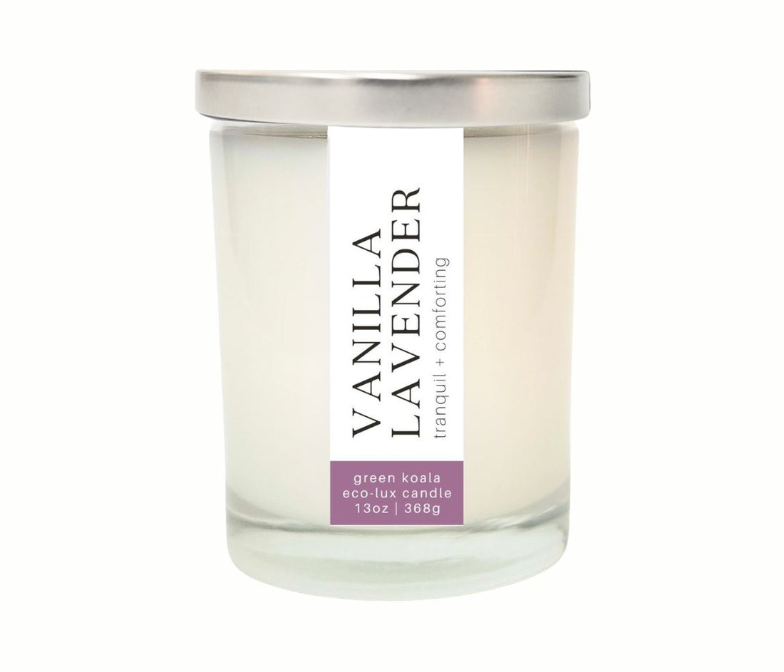 13oz Green Koala Organic Vanilla Lavender Eco-Luxury Candle Glass Jar With Lid