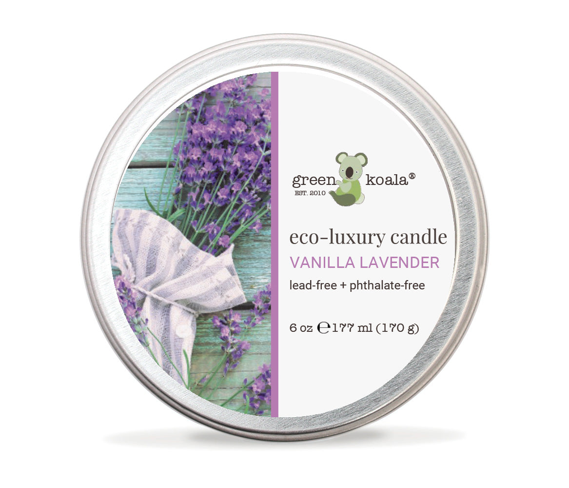 6oz Green Koala Organic Vanilla Lavender Eco-Luxury Non-Toxic Candle Tin With Lid