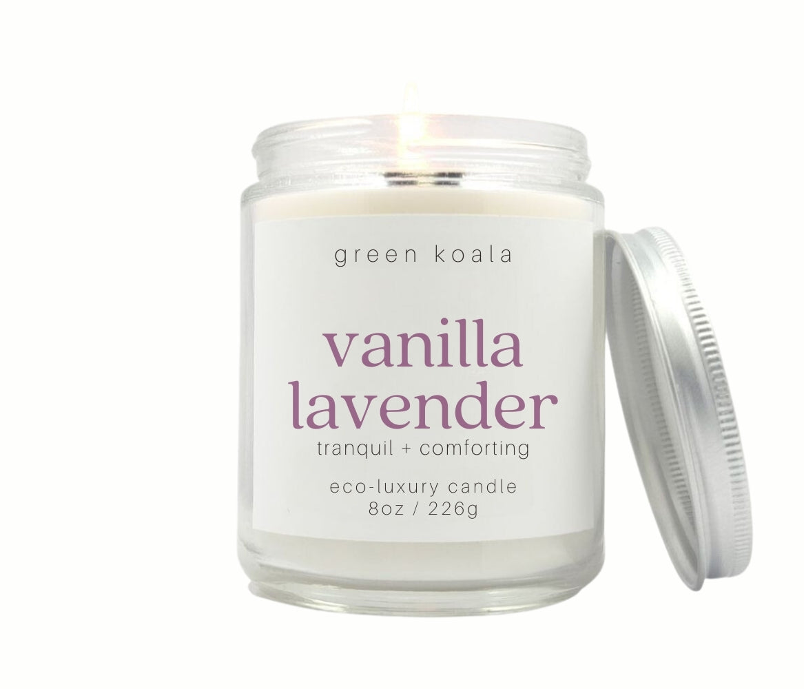 8oz Vanilla Lavender scented eco-friendly candle in a glass Jar with silver lid for a clean burn. 