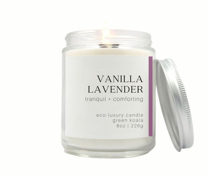 8oz Green Koala Organic Vanilla Lavender Eco-Luxury Candle Glass Jar With Lid. Non-toxic and clean burning.