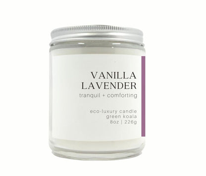 8oz Green Koala Organic Vanilla Lavender Eco-Luxury Candle Glass Jar With Lid