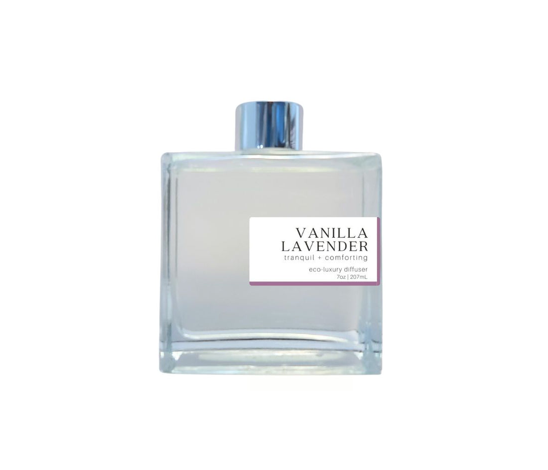 Vanilla lavender 7oz non-toxic scented reed diffuser in glass jar.