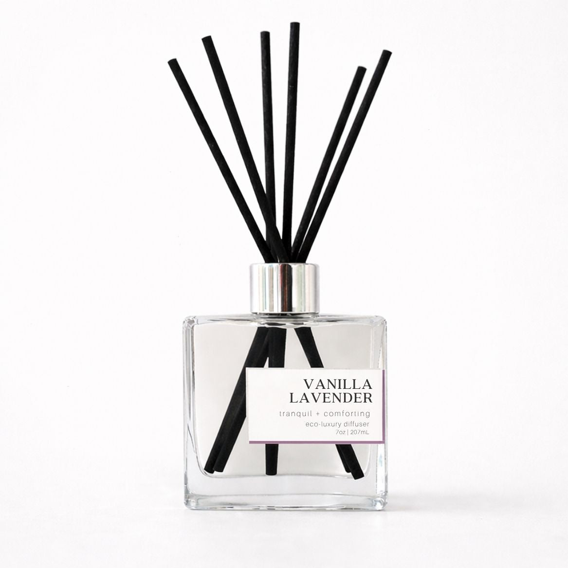 Vanilla Lavender diffuser with black reeds on a white background