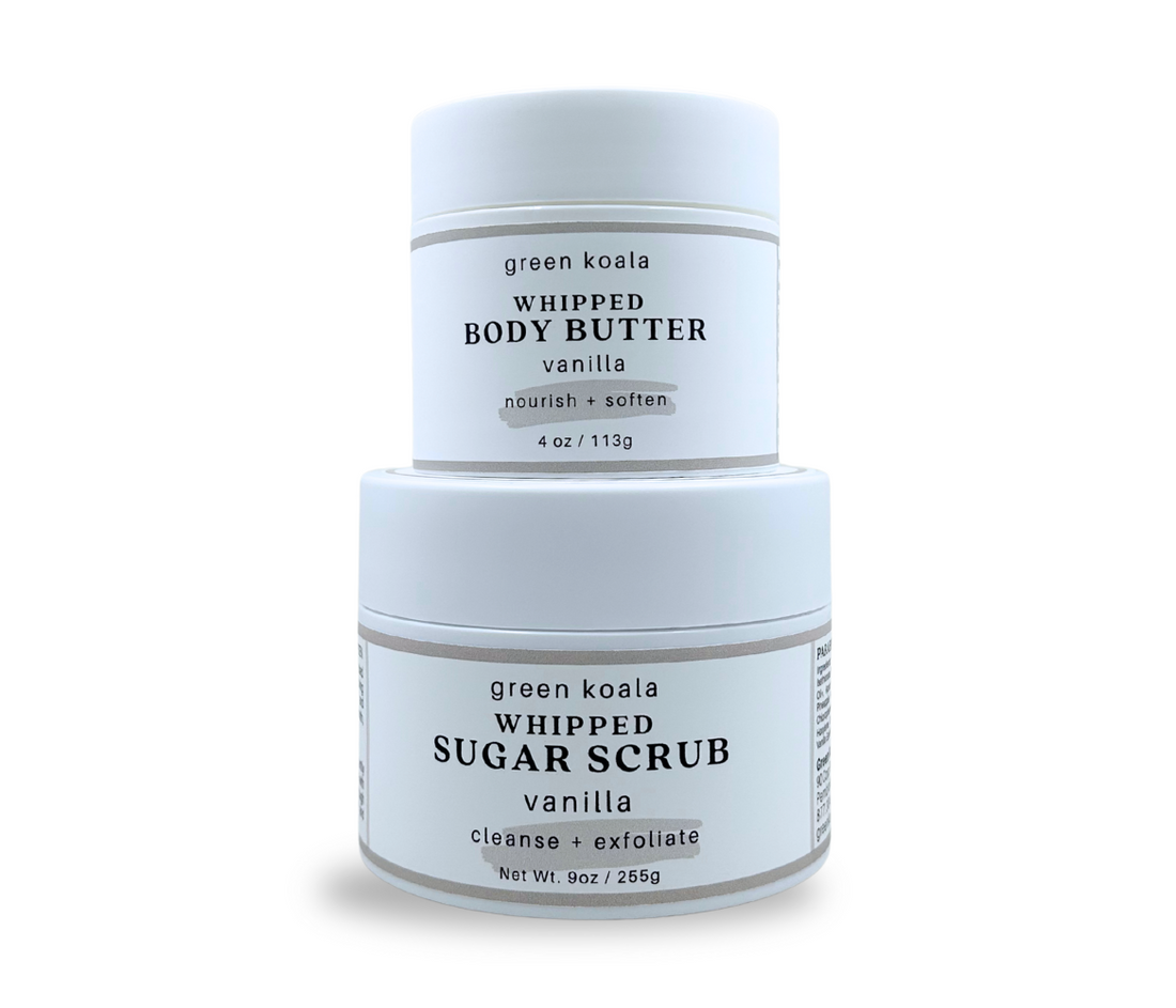 Gift set green koala vanilla whipped body butter and sugar scrub on a white background