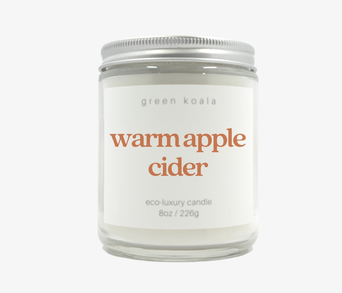 Green Koala Warm Apple Cider 8 oz. candle with lid on