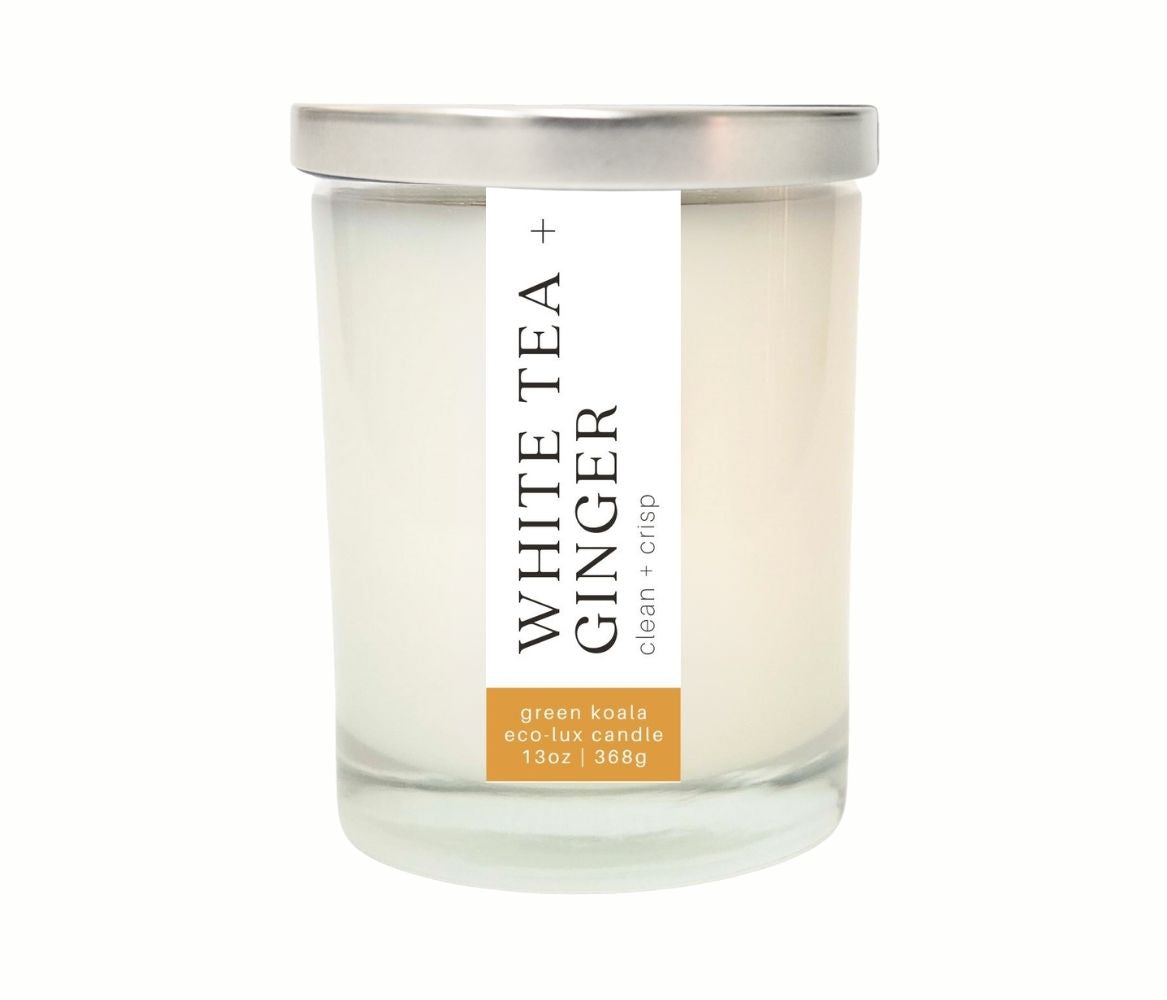 13oz Green Koala White Tea &amp; Ginger Glass Candle with metal lid
