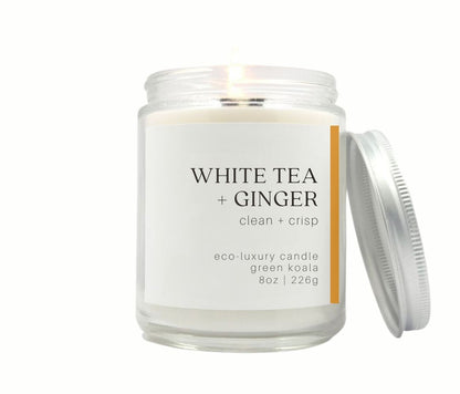 8oz Green Koala White Tea &amp; Ginger Glass Candle with metal lid. Non-toxic and cleaning burning. 